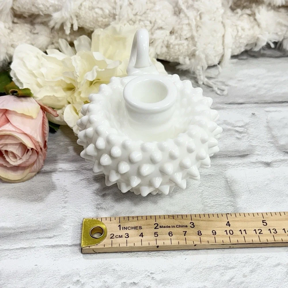 Vtg Fenton Hobnail White Milk Glass Single Finger Loop Handle Candle‎ Holder Set